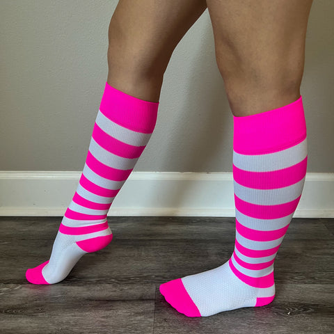 Compression Socks - Stripe - Pink & White