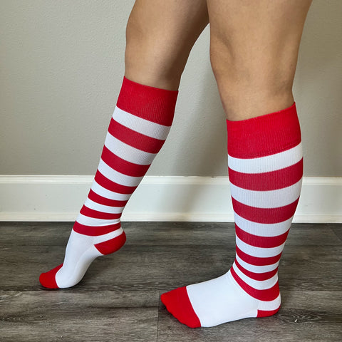 20-30mmHg compression socks in red and white stripes